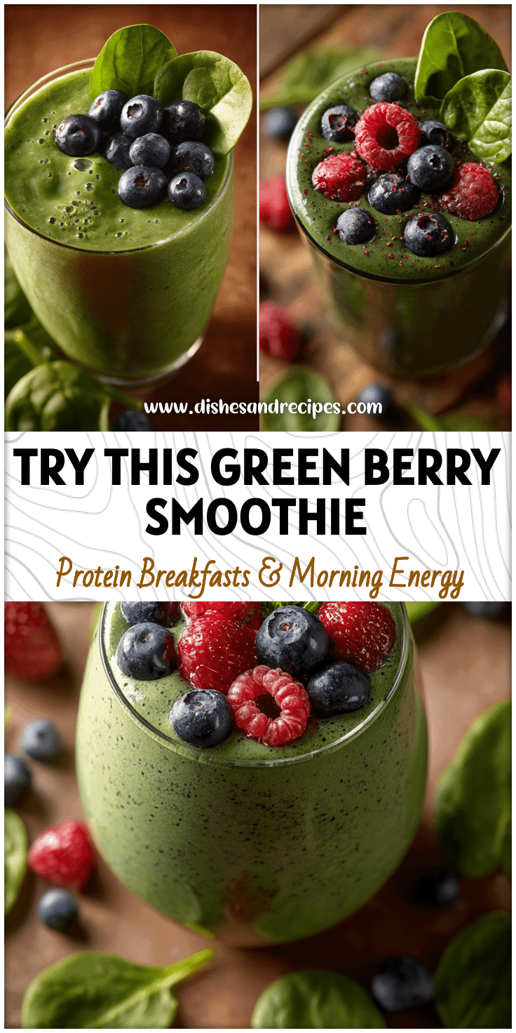 Bright green smoothie in a glass topped with mixed berries and spinach leaves for a colorful presentation.